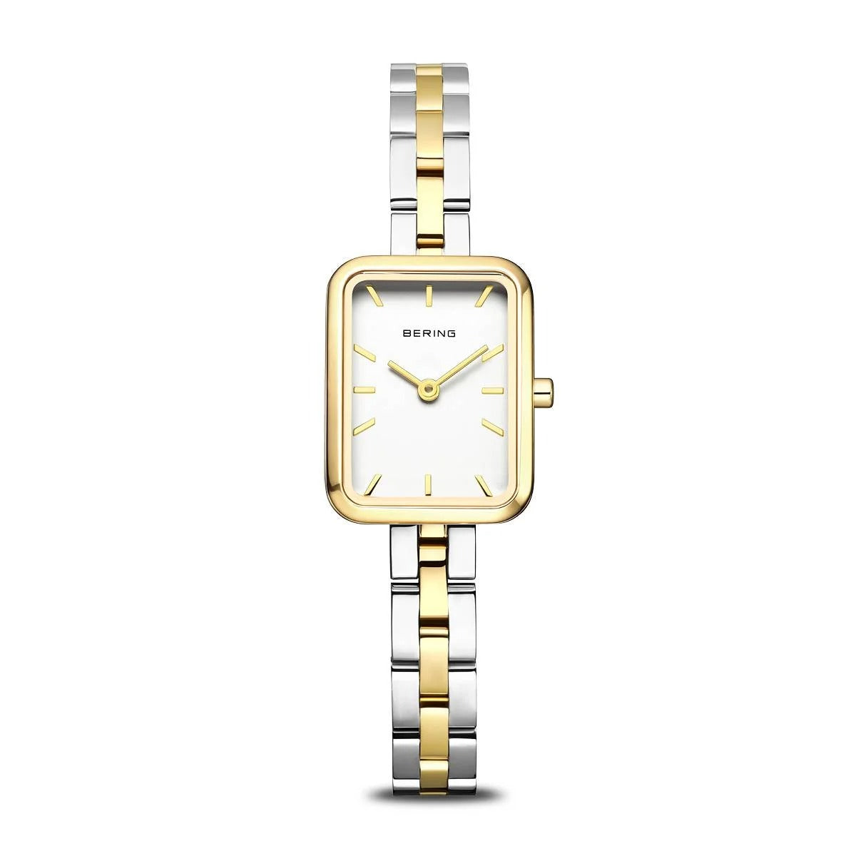 Gouden en zilveren dames horloge met een rechthoekige wijzerplaat en een witte achtergrond.