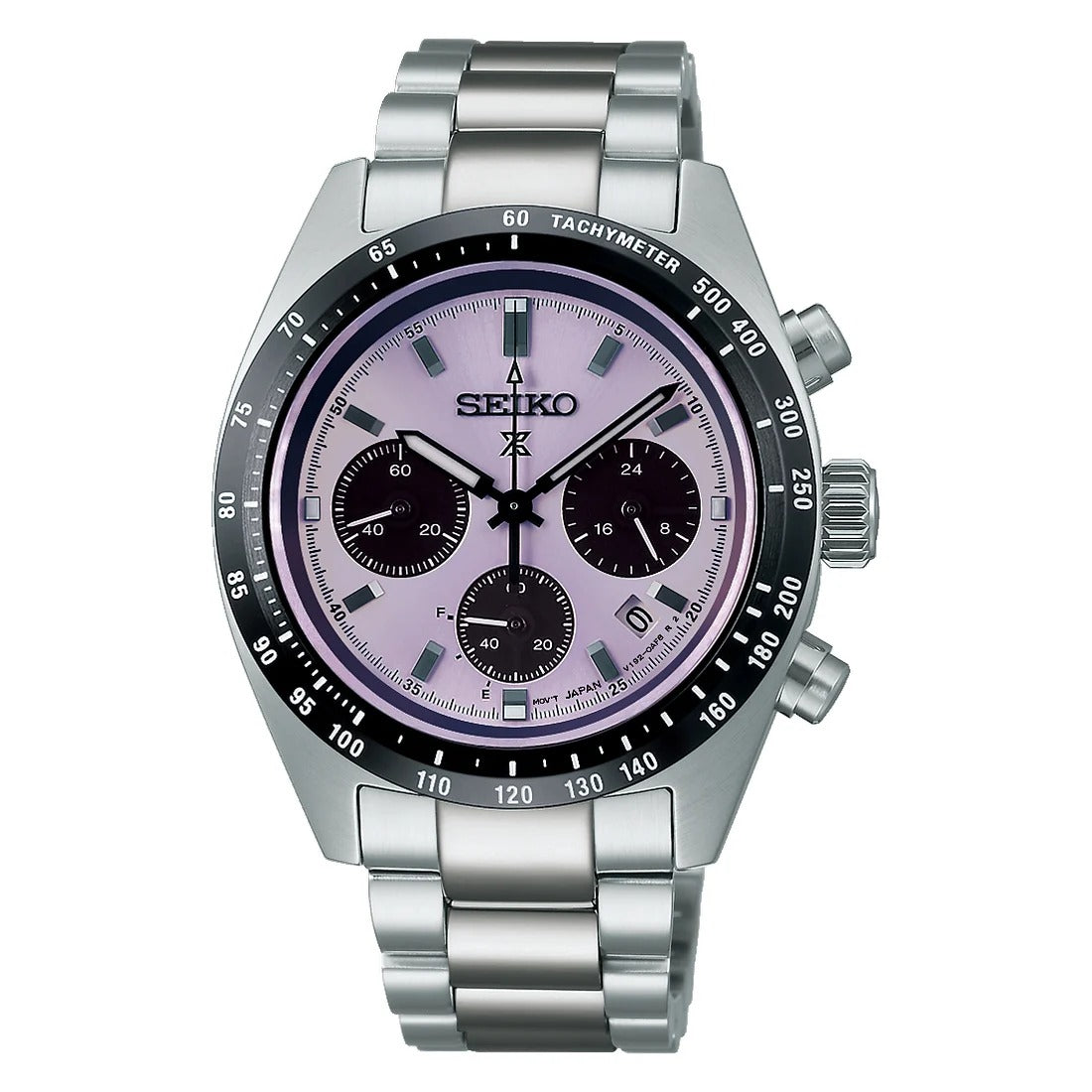 Zilveren Seiko Prospex heren horloge met paarse wijzerplaat en chronograaf, voorzien van een stalen band.