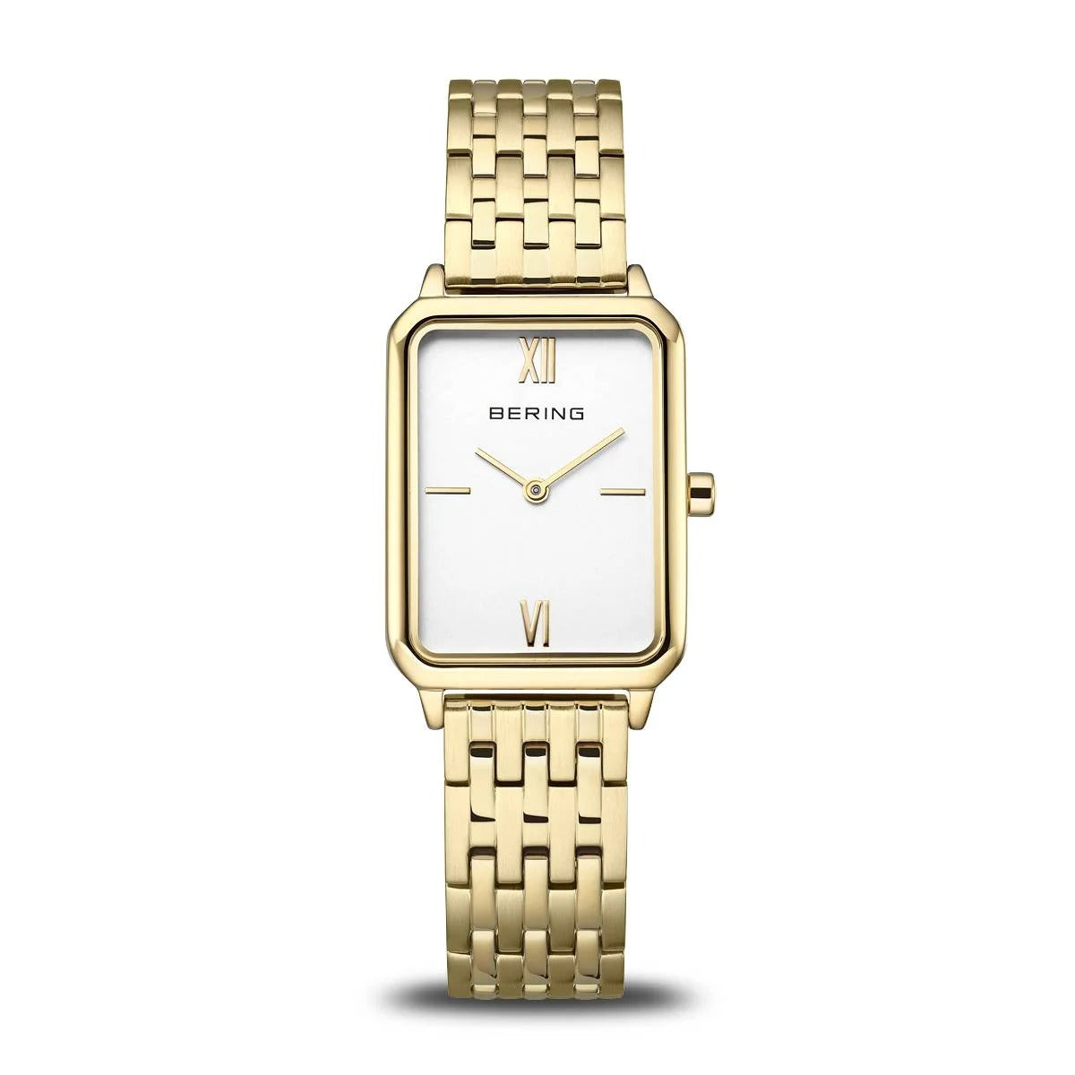 Gouden dameshorloge met een witte wijzerplaat en een rechthoekige kast, voorzien van een schakelarmband.