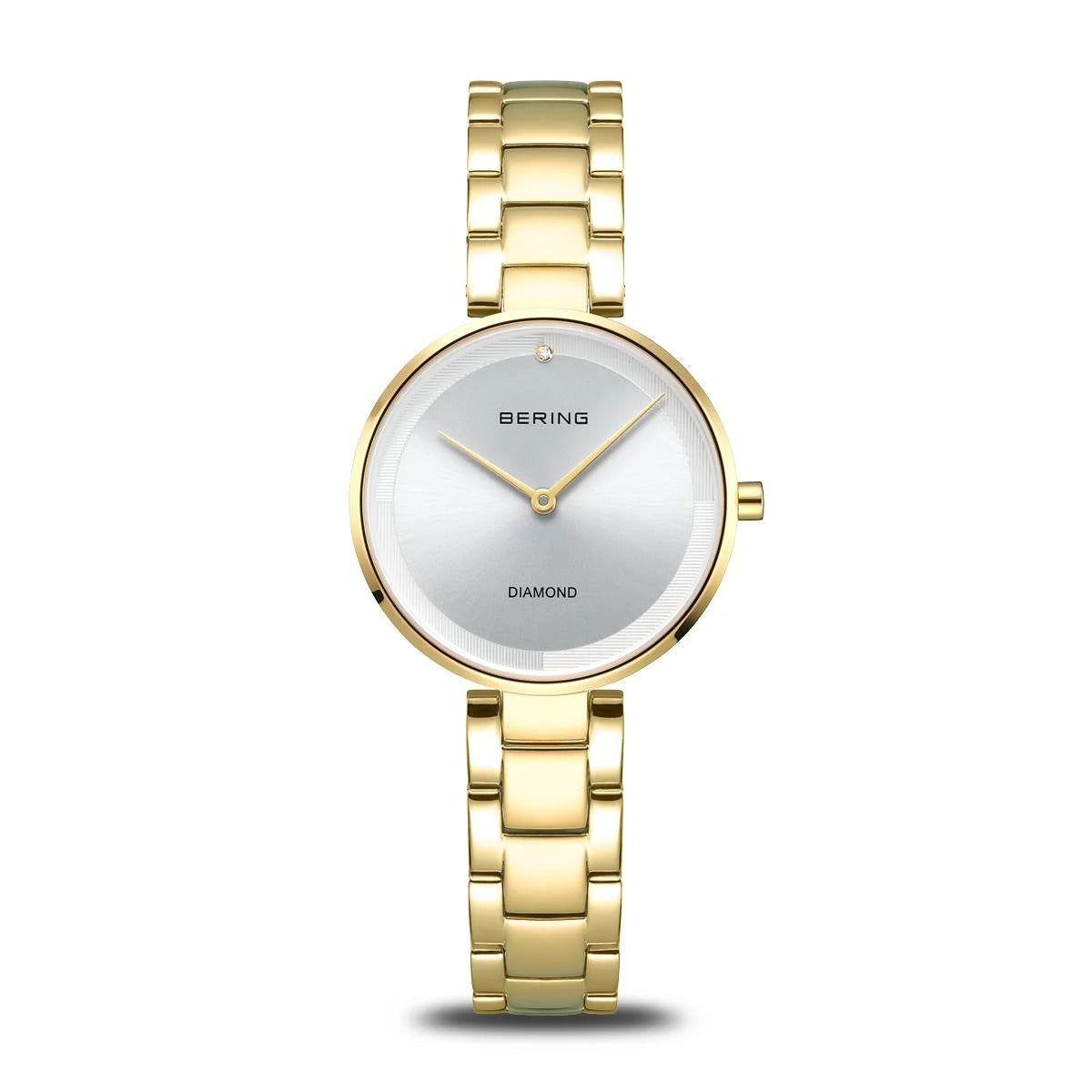 Gouden horloge met een ronde zilveren wijzerplaat en een schakelband.