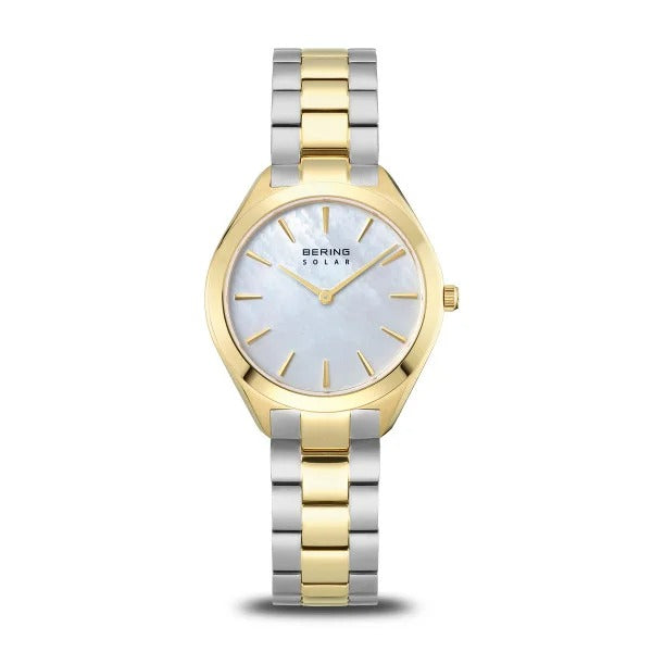 Bicolor zilver-gouden dameshorloge met een lichtgrijze wijzerplaat en een octagonale kast.