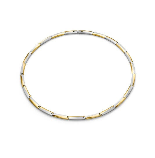Bicolor titanium collier met afwisselend zilveren en gouden schakelvormige elementen.