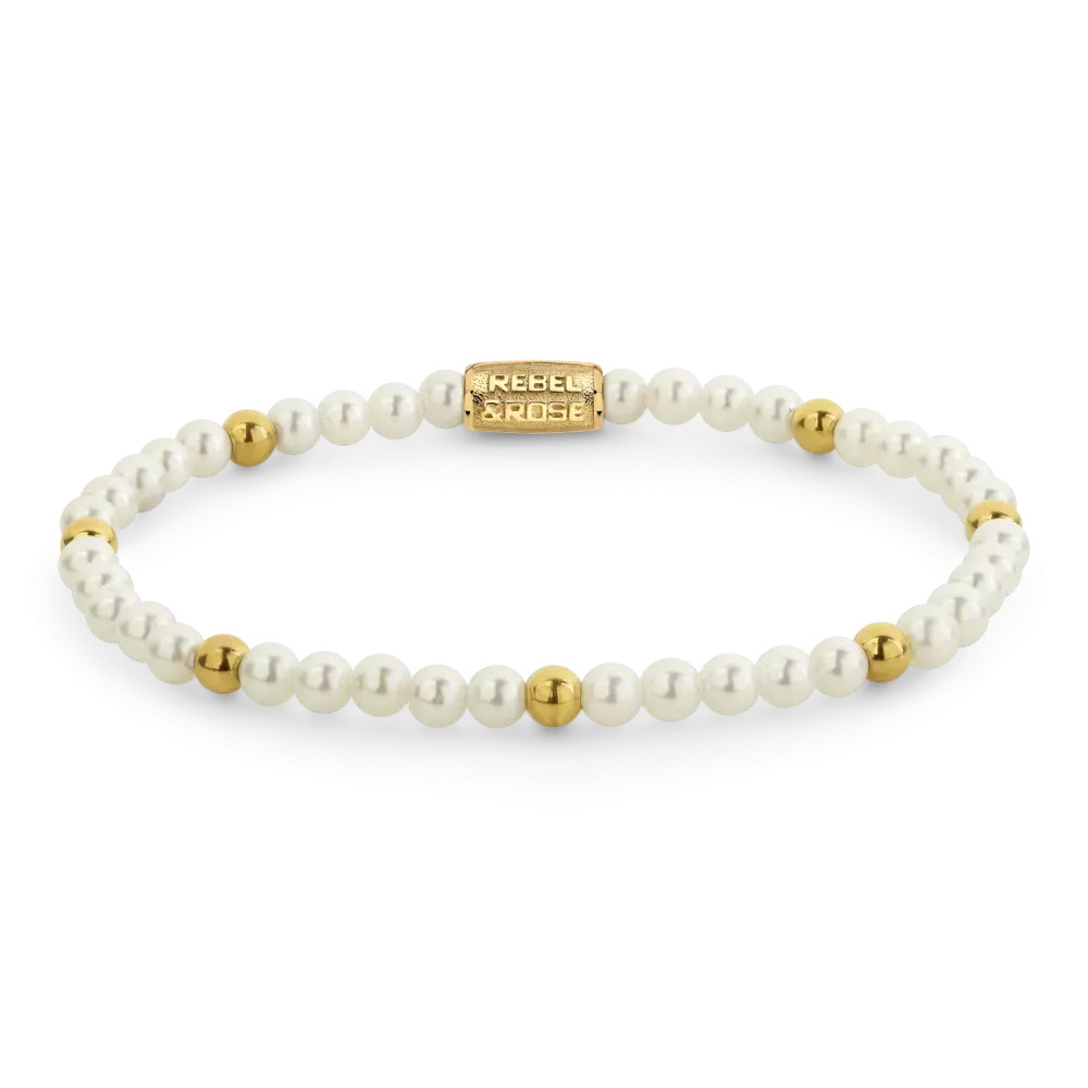 Perlen armband met gele gouden accenten en een mix van witte parels en gouden kralen.