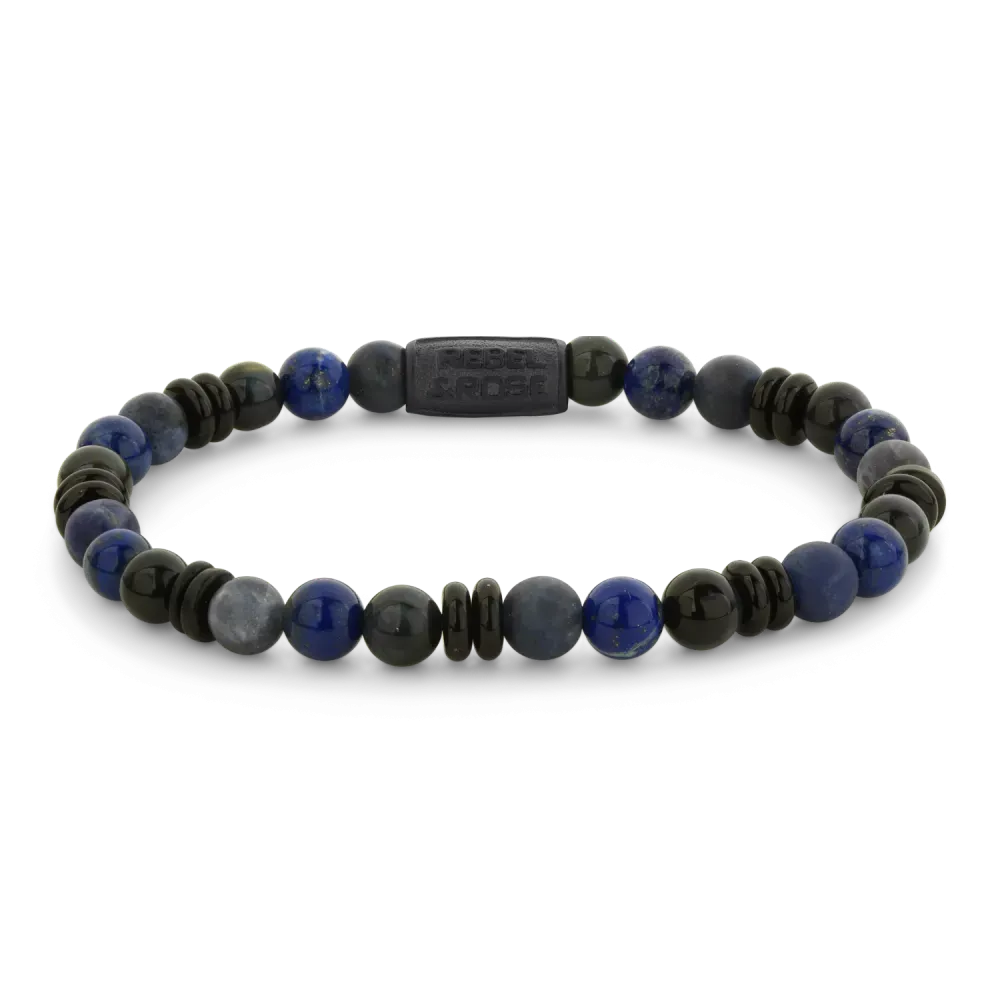 Heren armband van 6mm met blauwe en zwarte kralen, waaronder agaat en lava, met metalen details.