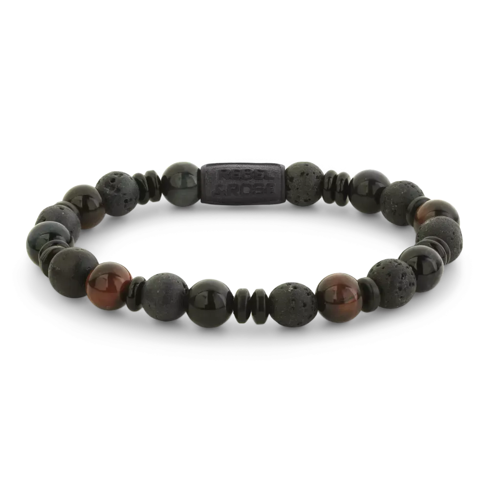 Zwarte armband van 8 mm met een mix van verschillende stenen, waaronder lava- en hematietstenen.