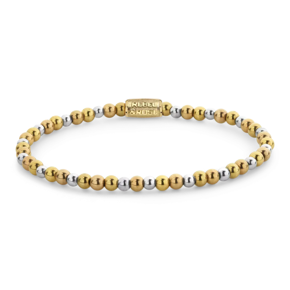 Kleurige armband met gouden, zilveren en witte kralen in een speelse mix.