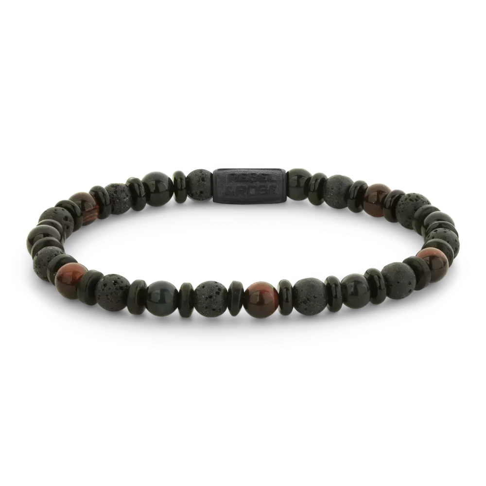 Zwarte armband van verschillende stenen, waaronder lava- en hematietstenen, met een elastische band.