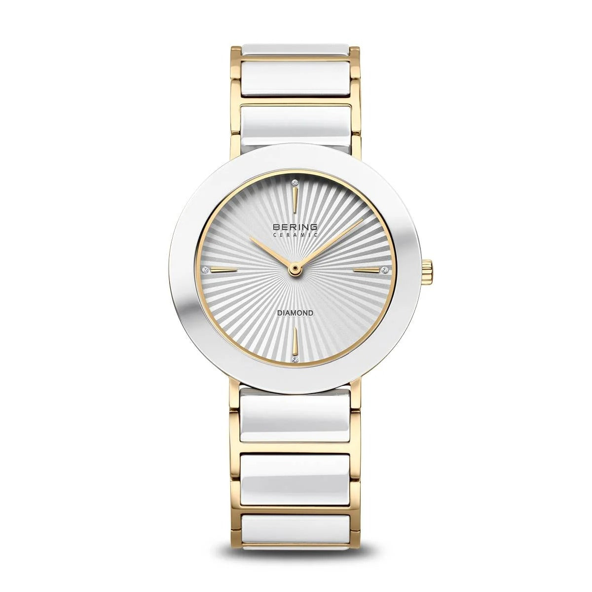 Wit keramisch horloge met gouden accenten en een zilveren wijzerplaat met een geribbelde structuur.