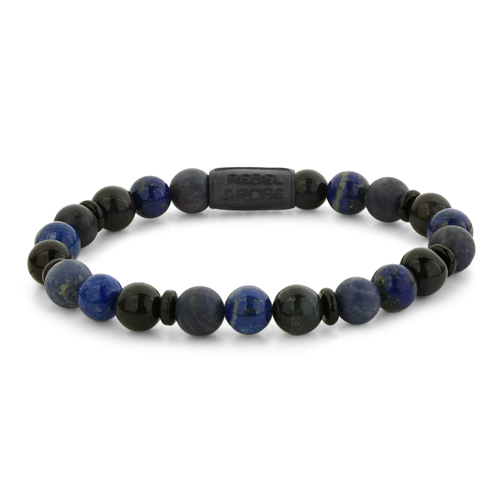 Blauwe armband van 8 mm met een mix van lapis lazuli en zwarte onyx kralen.