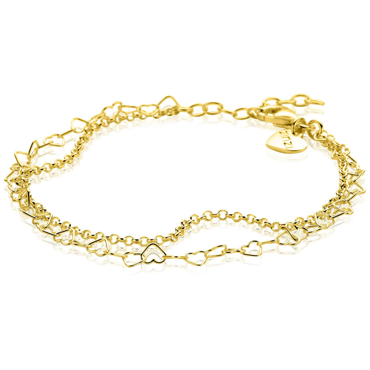 Gouden armband met hartvormige schakels en een sluiting met een hartvormig hangertje.