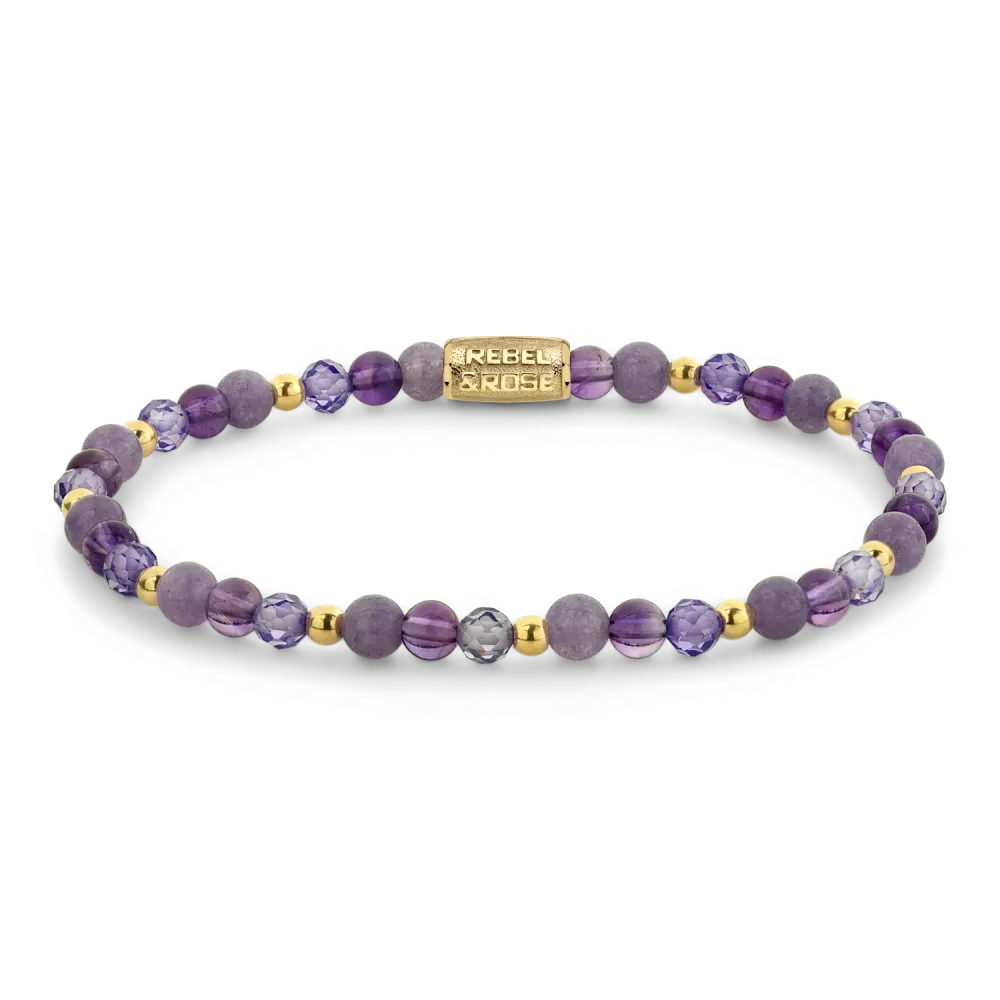 Paarse armband met glazen en edelstenen, afgewisseld met gouden details.