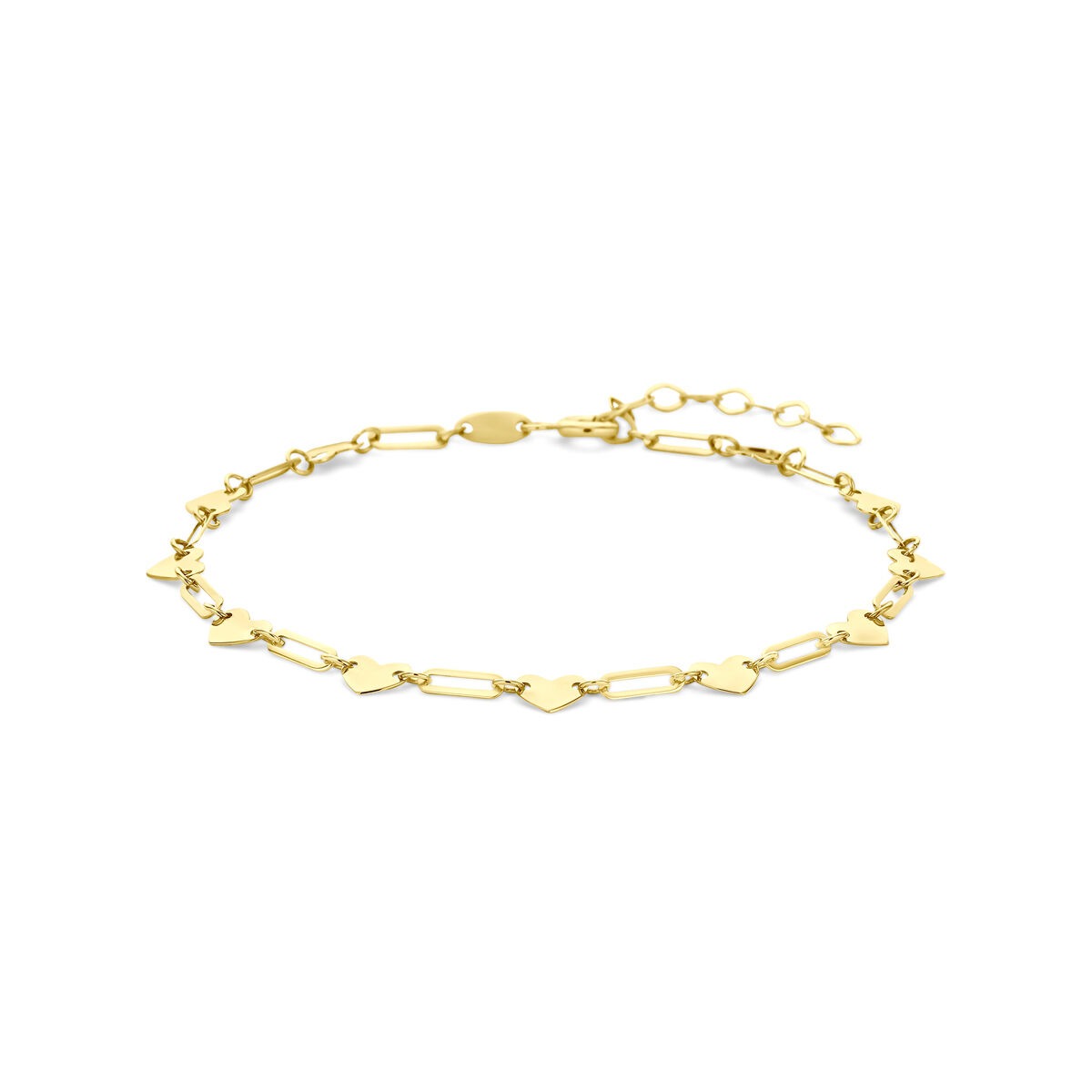 Verstelbare 14k geelgouden armband met hartjesvormige schakels, lengte van 16 tot 19 cm.