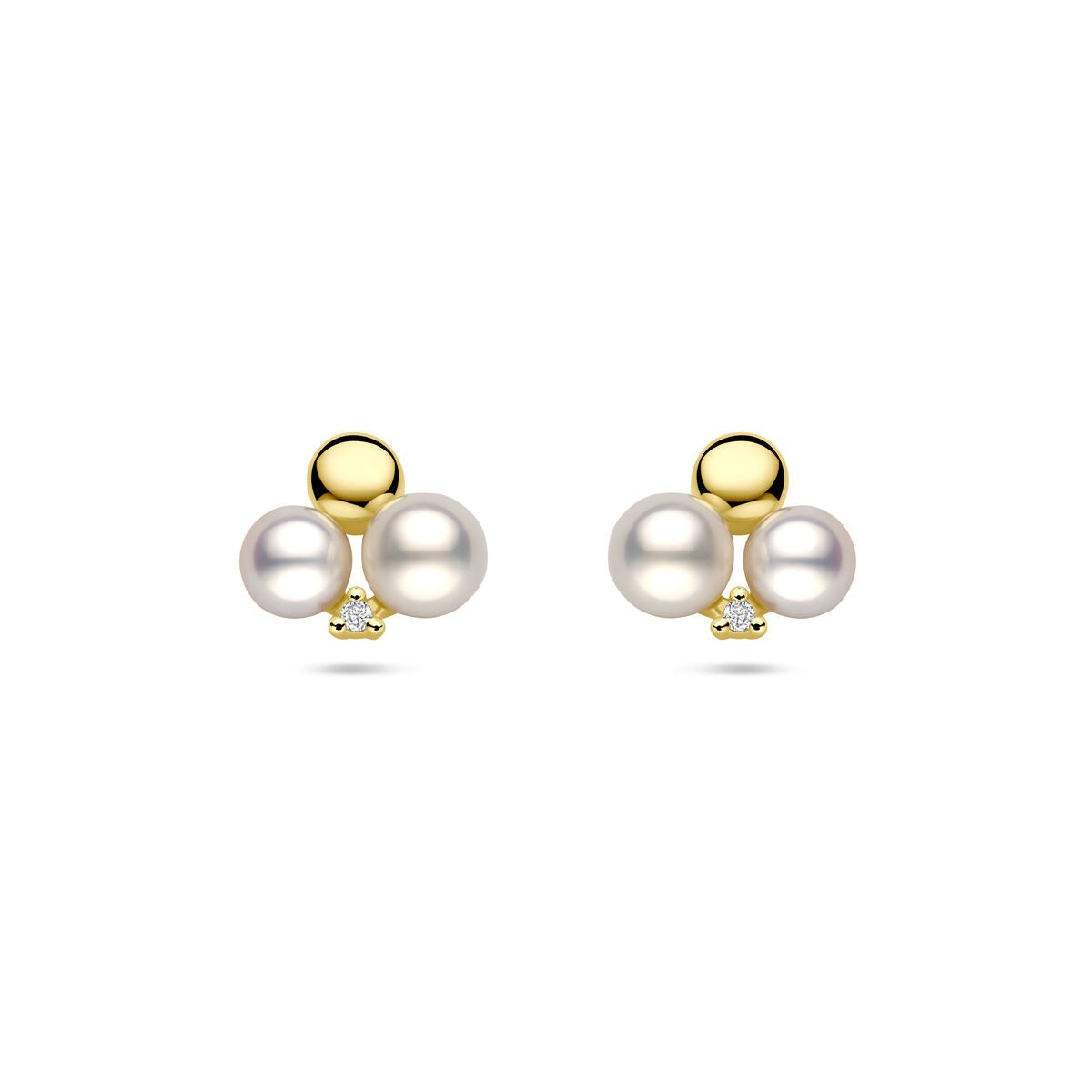Gouden oorbellen met twee parels en een diamant, 14k, 9 mm, met een helderheid van h si.