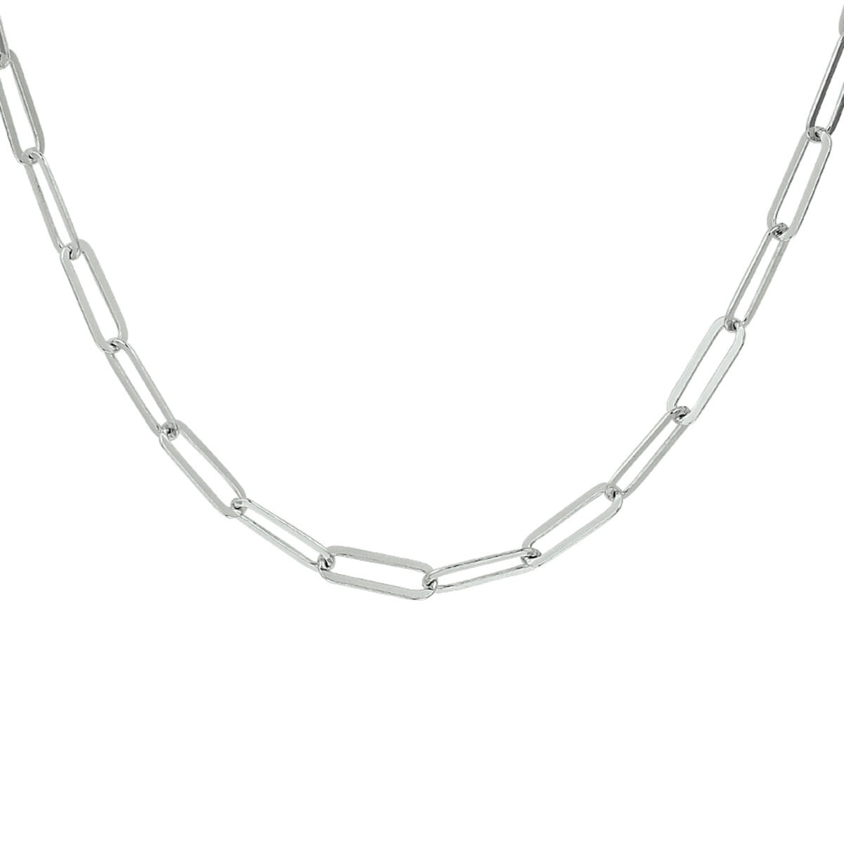Zilveren paperclip ketting met gerhodineerde afwerking en een schakellengte van verschillende formaten.
