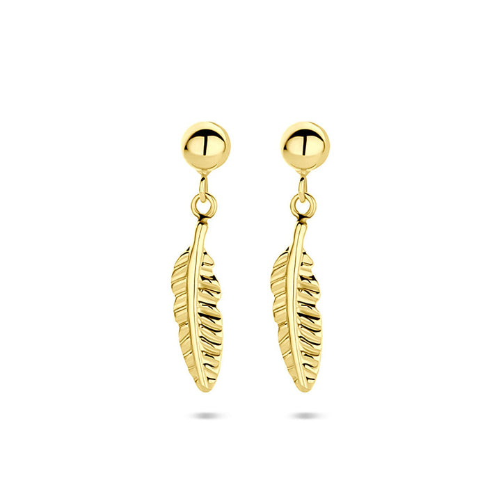 14k Geelgouden oorhangers in veervorm 17mm