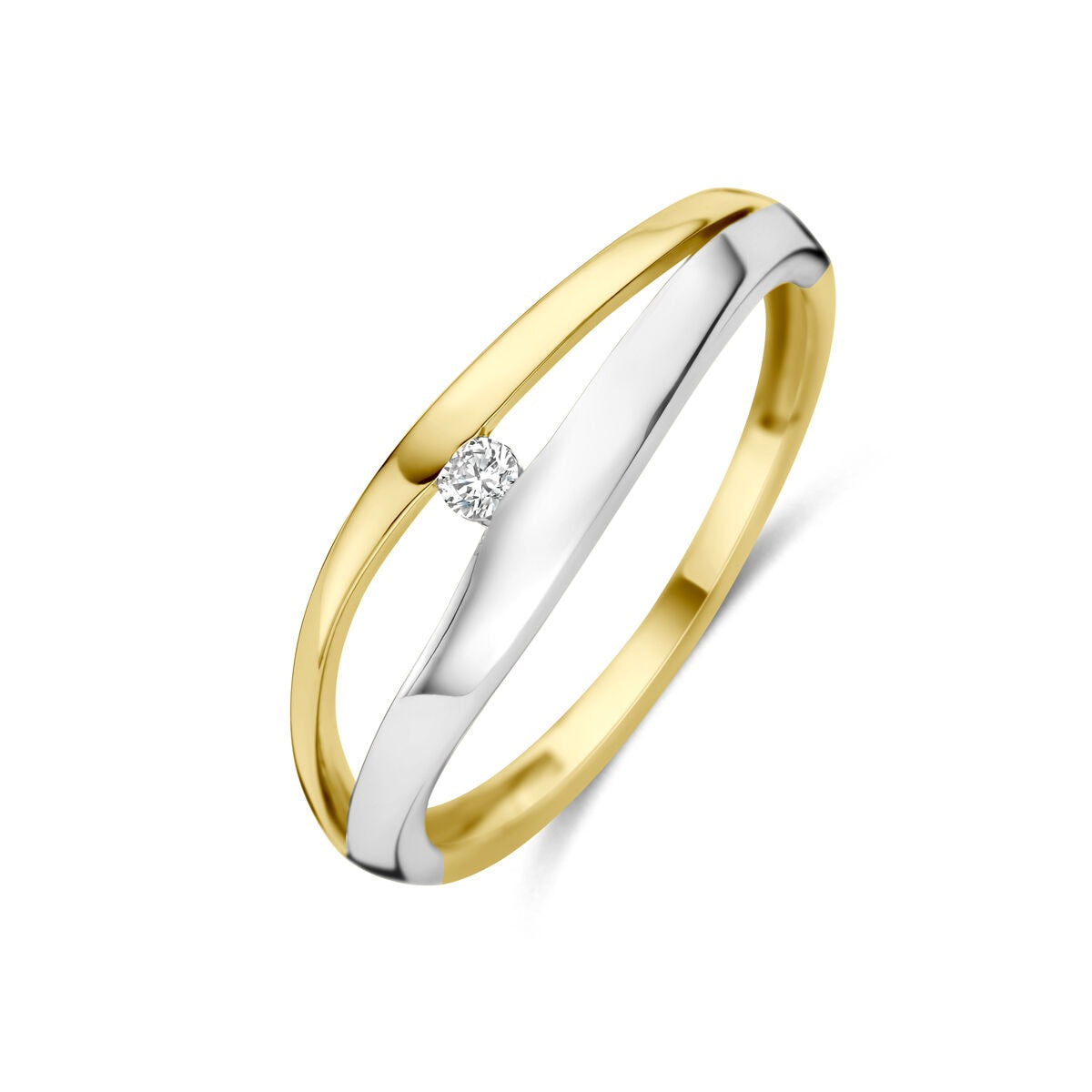 Bicolor damesring van 14k goud met een lab grown diamant in het midden.