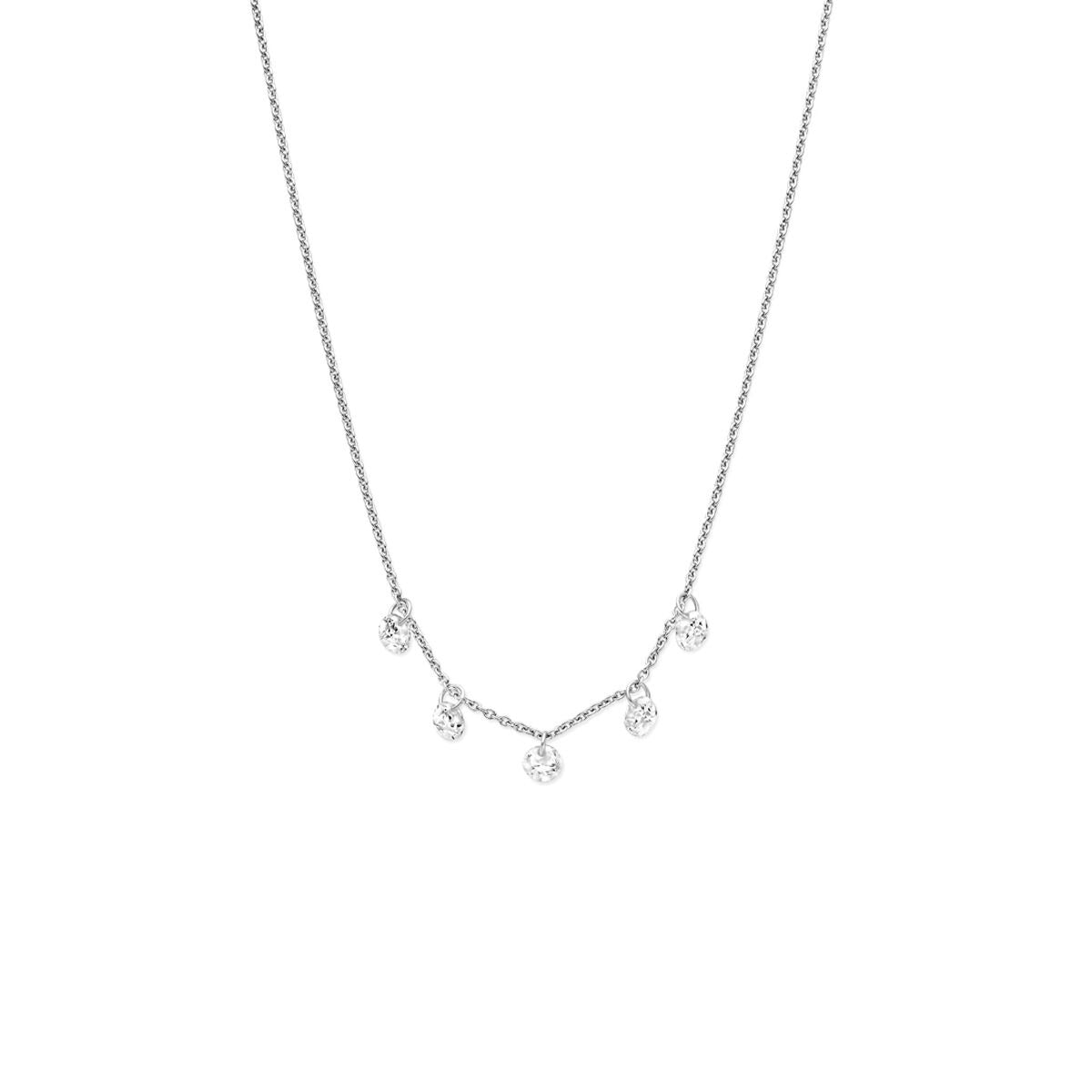 Zilveren ketting met vijf zirkonia hangers in een speelse opstelling.