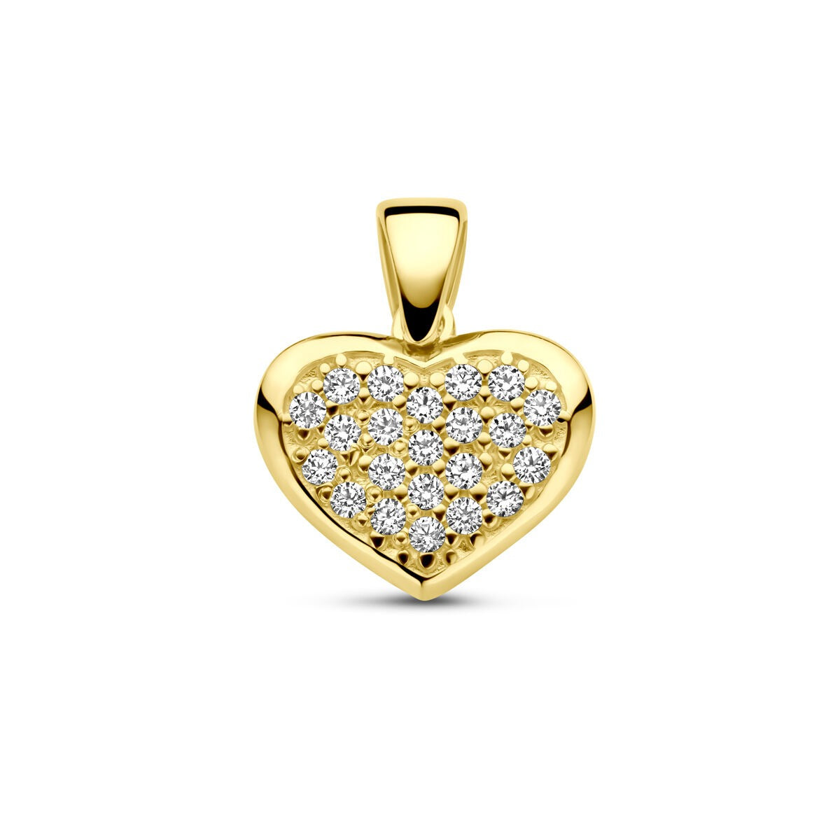 Hartvormige hanger van 14k geelgoud, bezet met zirkonia in een sprankelend patroon.