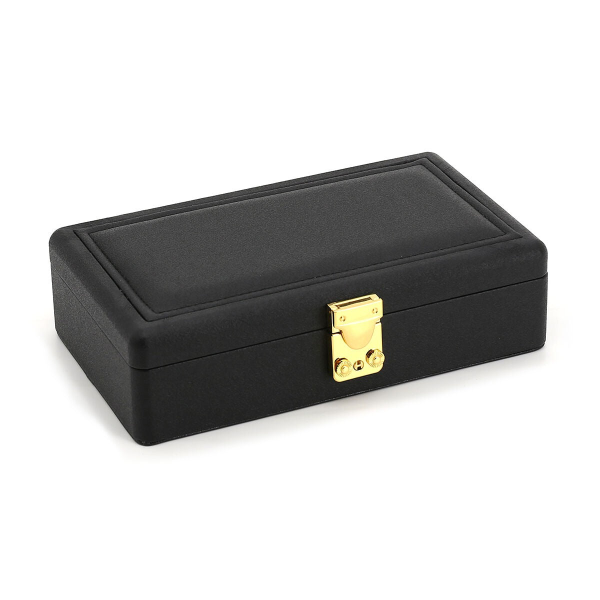 Zwarte sieraden doos met goudkleurige sluiting en gestikte afwerking, compact en stijlvol ontwerp.