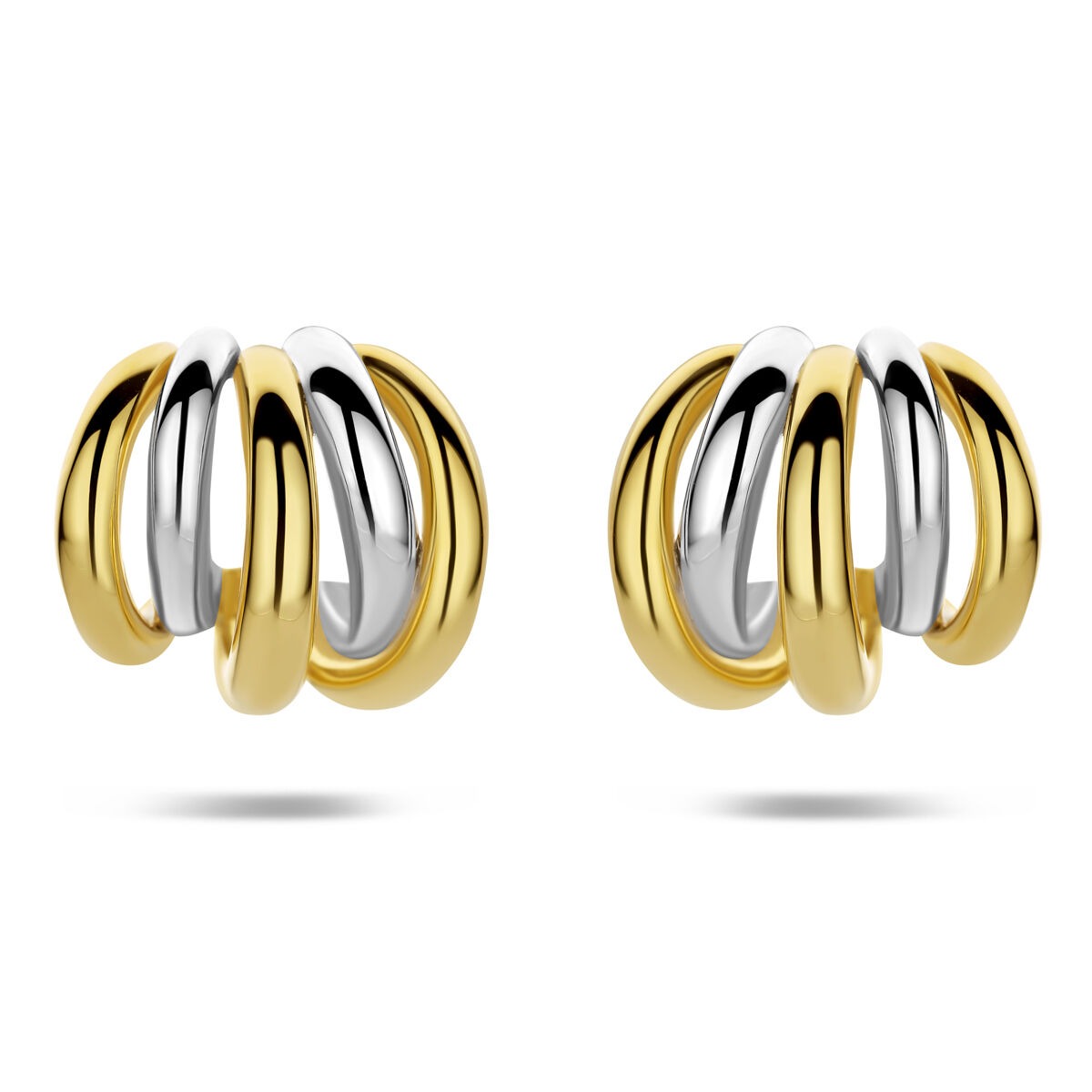 Vergulde en gerhodineerde 925 zilveren stekeroorringen met een modern, golvend ontwerp in goud en zilver.