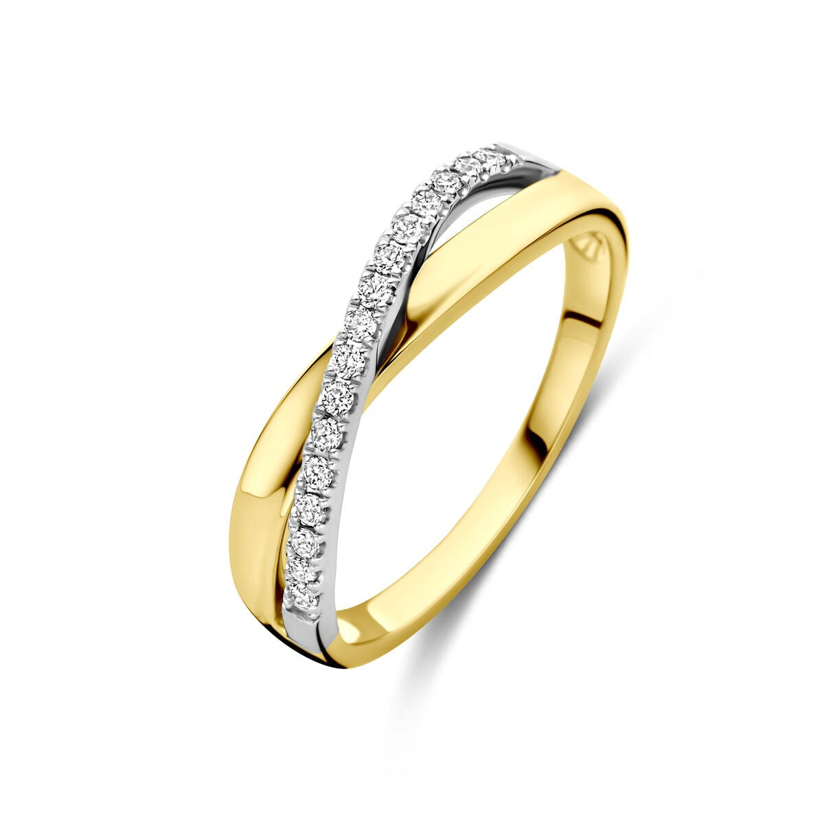 Bicolor damesring van 14k goud met een golvende vorm en 0,14 ct diamant in een rij.