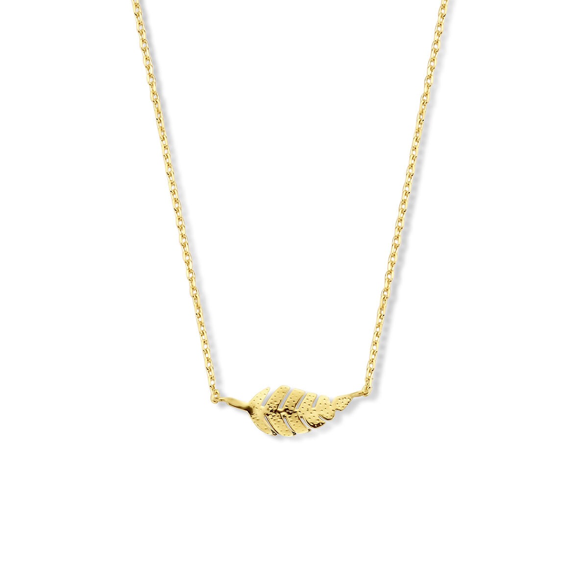 Geelgouden collier met een veervormig hanger, fijn en elegant ontwerp.