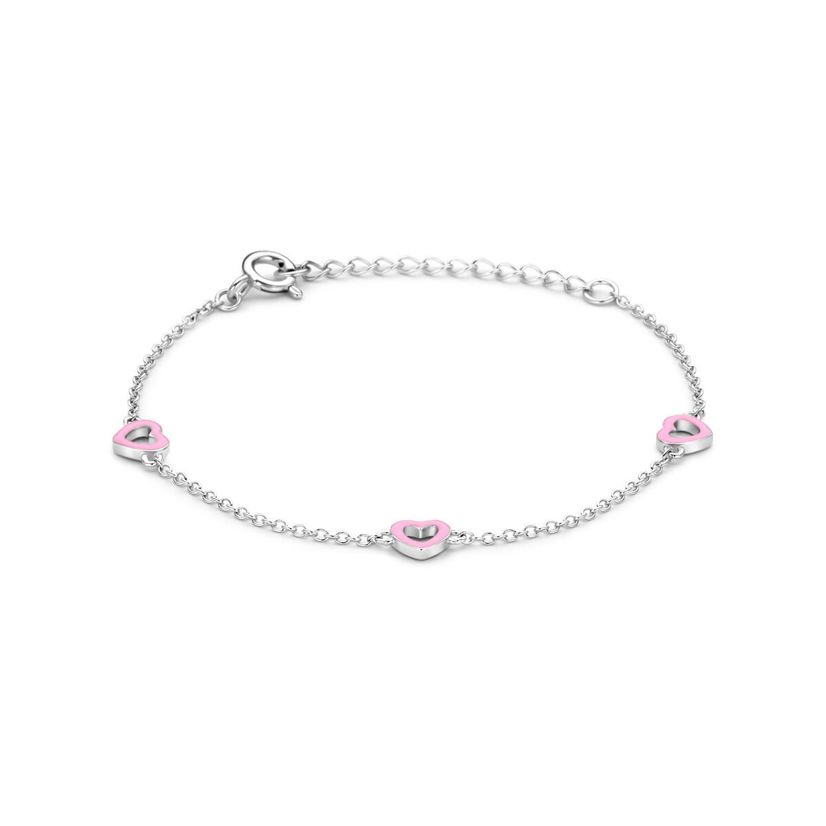 Gerhodineerde zilveren kinderarmband met vier roze hartjes en een sluiting.