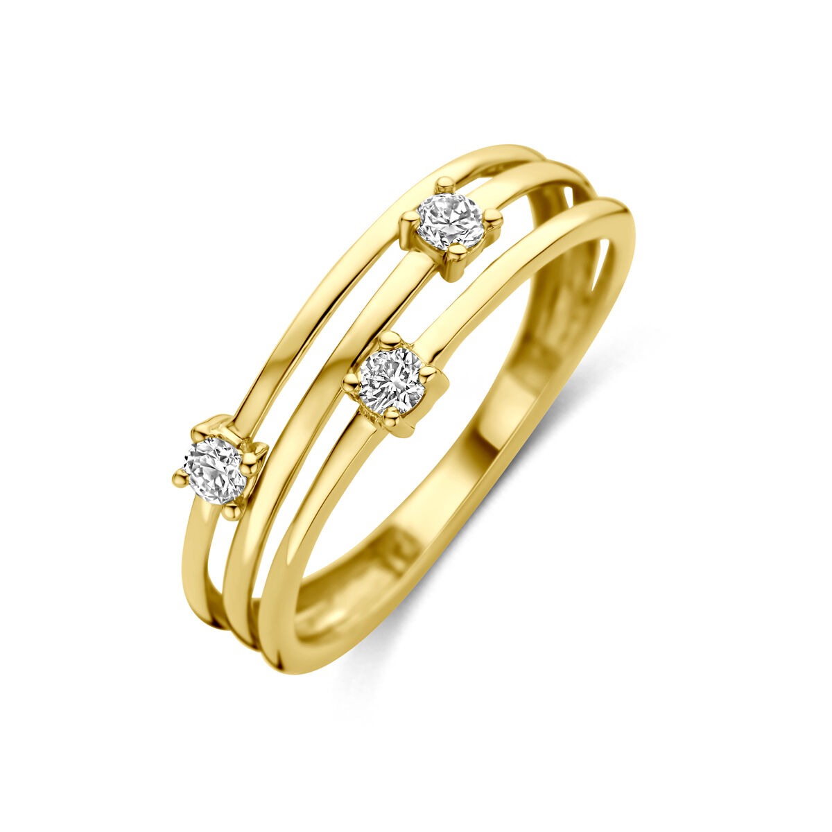 14k geelgouden ring met drie lab grown diamanten in een moderne, open ontwerp.