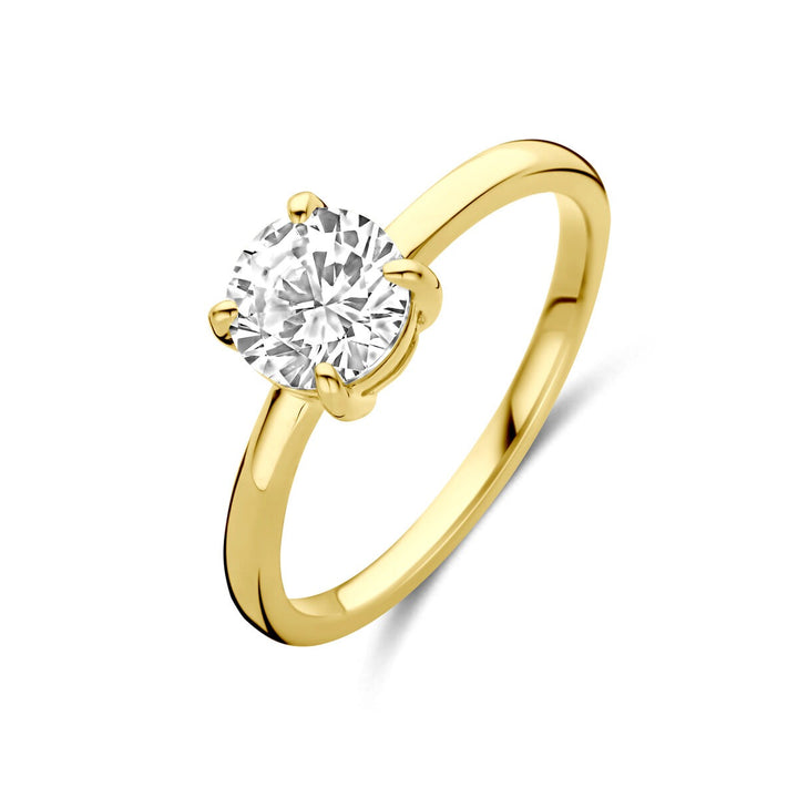 14k Geelgouden ring met solitaire zirkonia 6.5mm