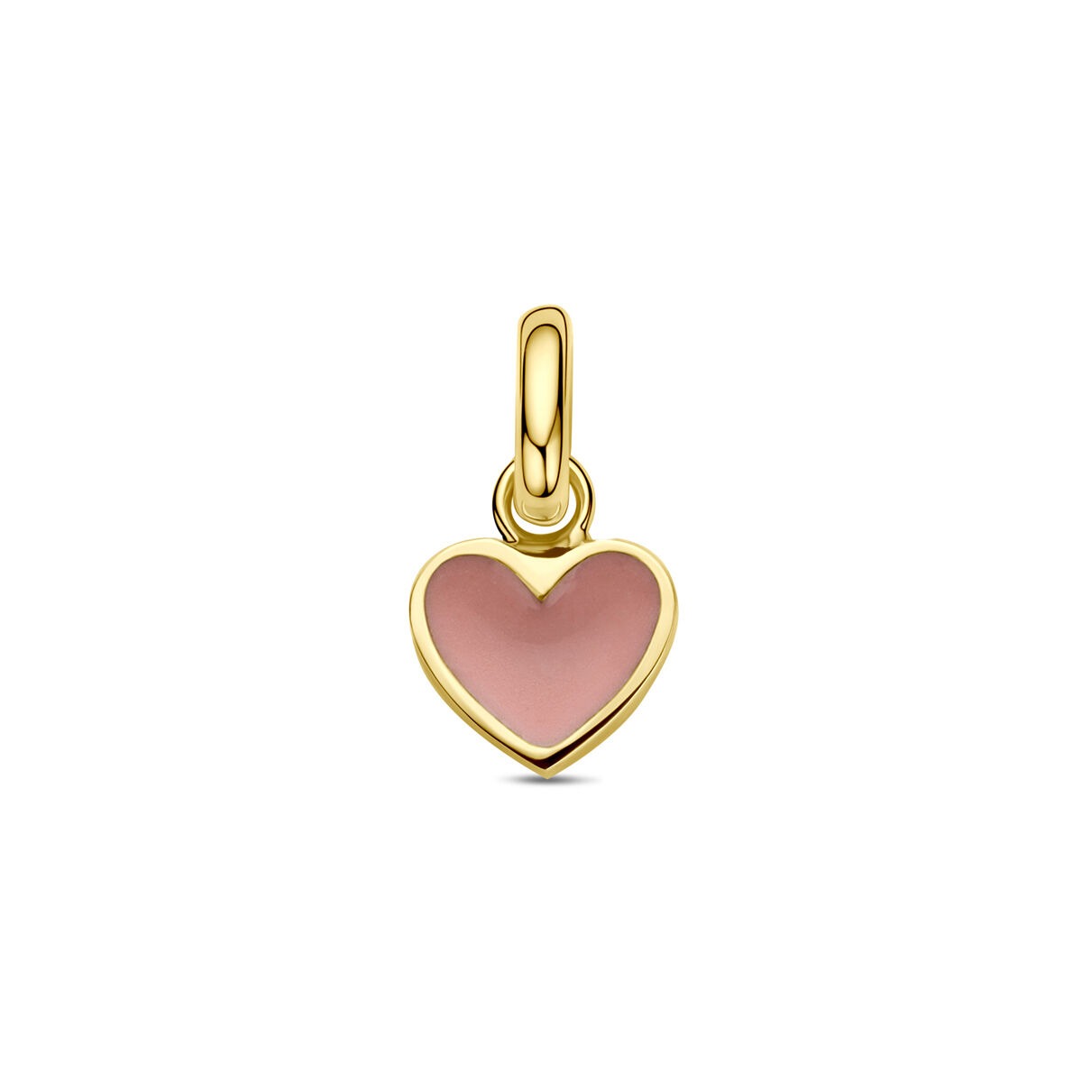Geelgouden hanger in de vorm van een hartje met een roze emaille afwerking.