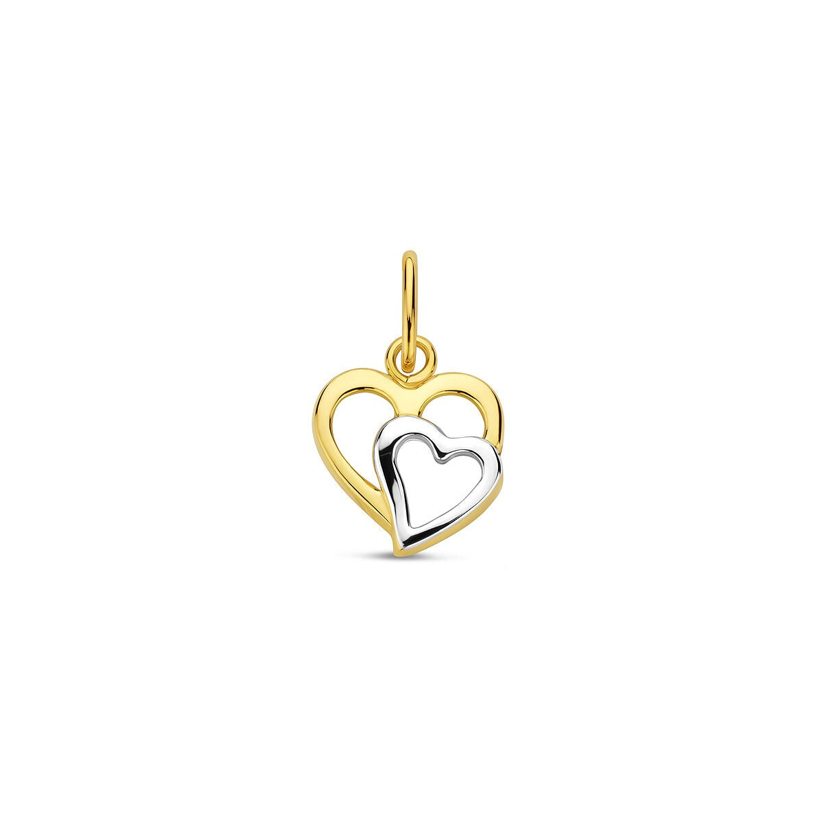 Bicolor gouden hart hanger met een groter geelgouden hart en een kleiner witgouden hart erin.