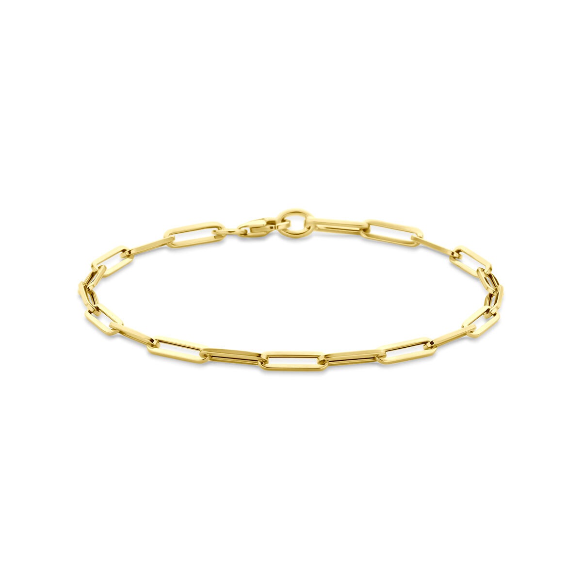 Geelgouden paperclip armband met een schakelontwerp en een sluiting.