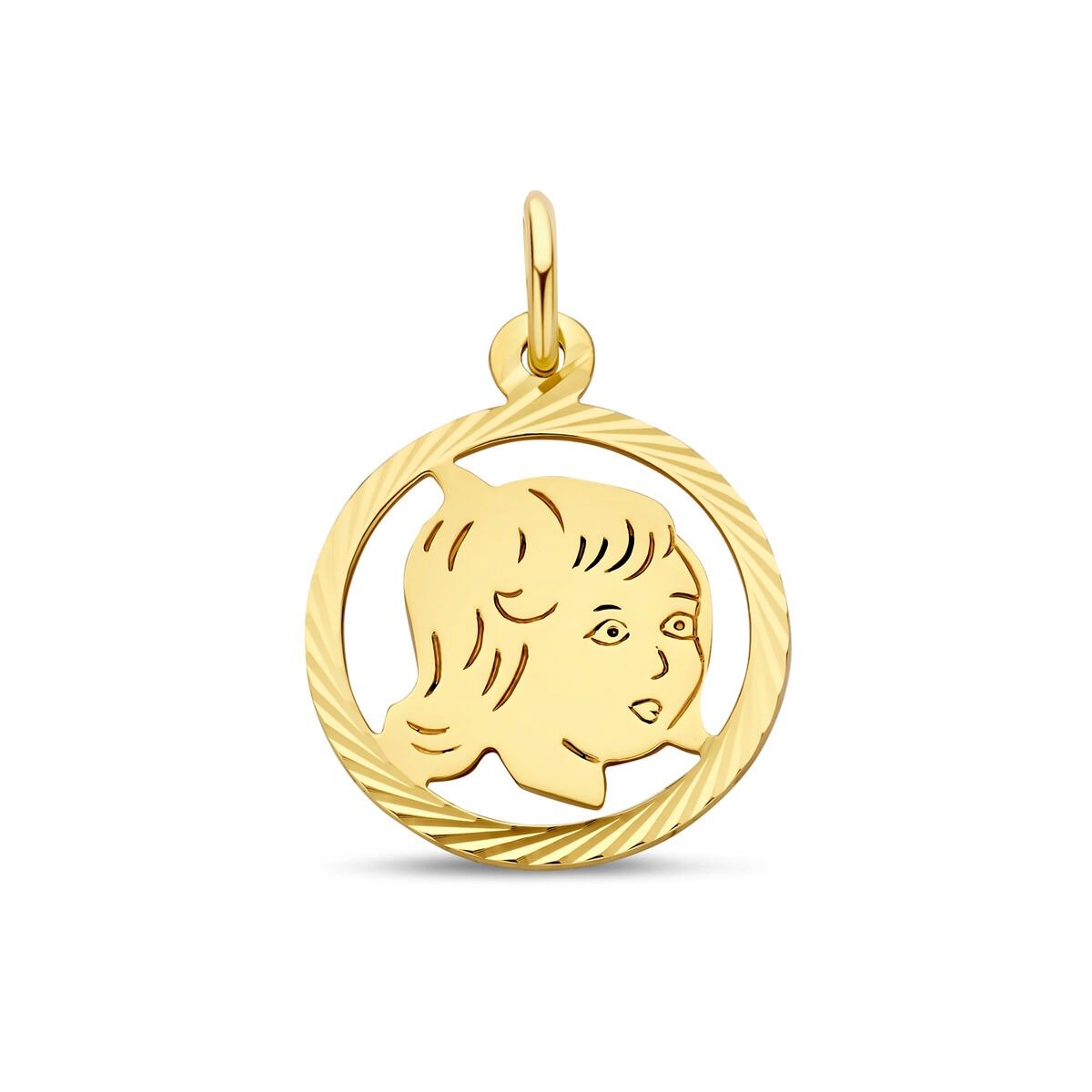 Ronde 9k geelgouden hanger met gegraveerd kinderkopje en gedraaide rand, diameter 16 mm.