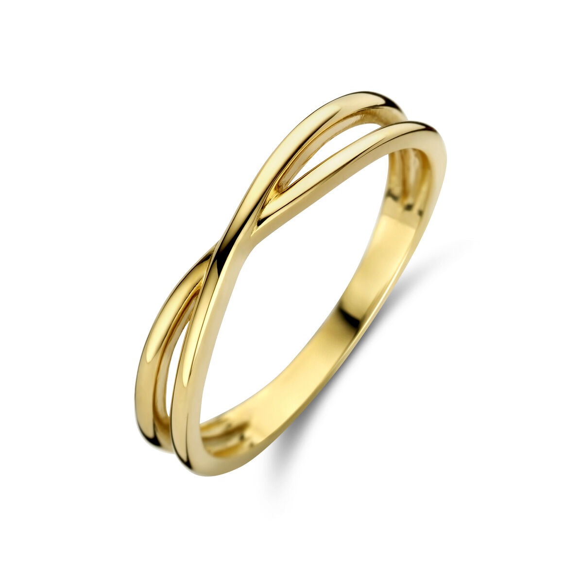 Geelgouden ring van 9 karaat met een dubbele, golvende band van 3,5 mm breed.