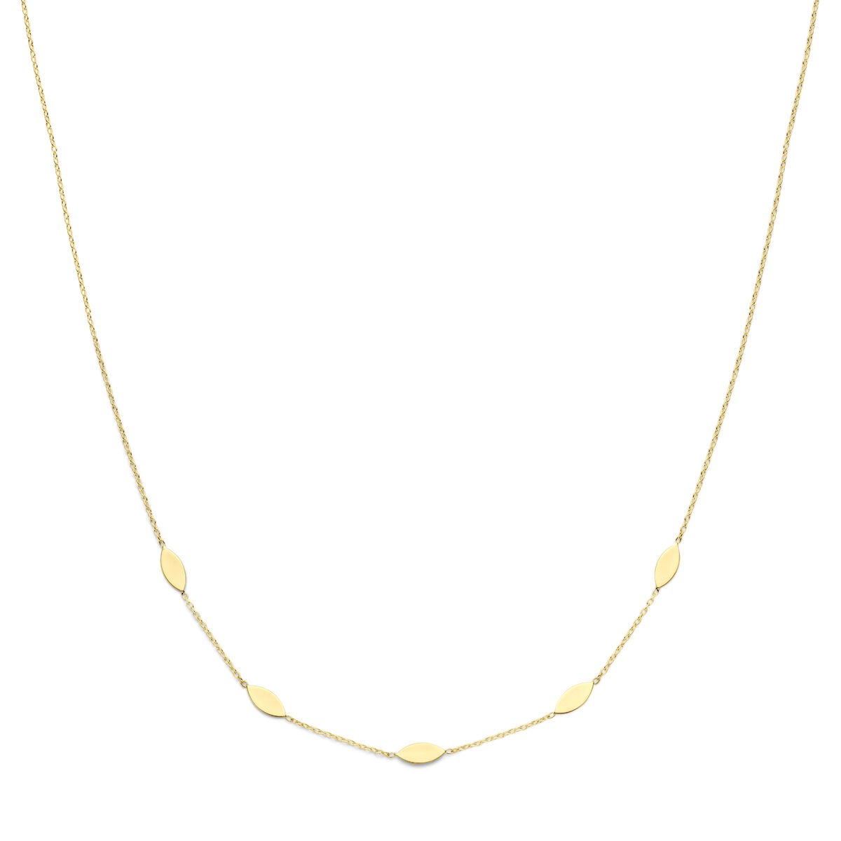 Gouden dames ketting van 14k met verfijnde, ovale tussenstukken.