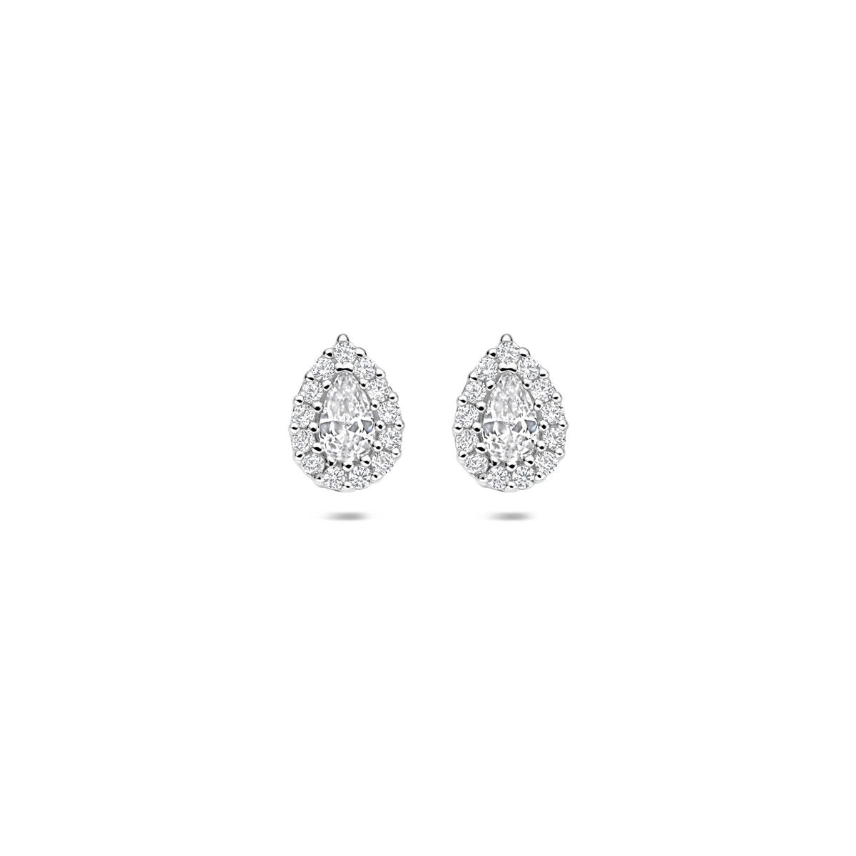 Zilveren oorknopjes in druppelvorm met zirkonia, gerhodineerd 925 zilver.