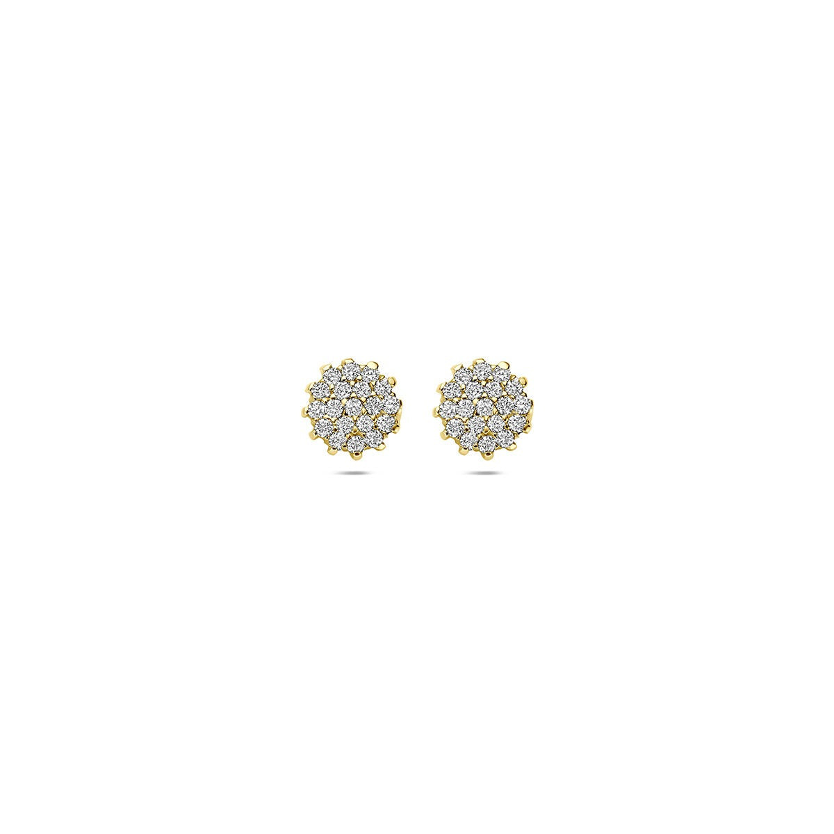 Geelgouden oorknoppen met lab grown diamanten in bloemvormige zetting.