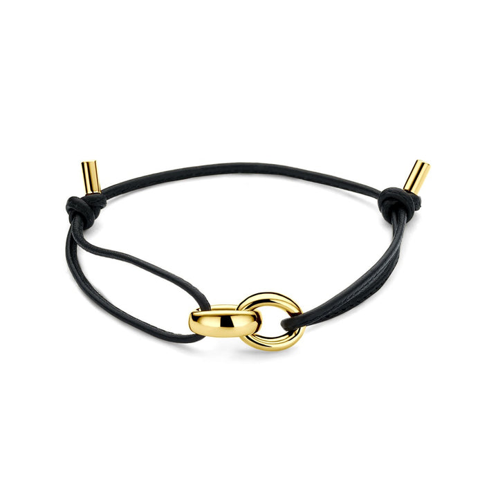 Leren dames armband met 18k geelgouden schakel – zwart leer