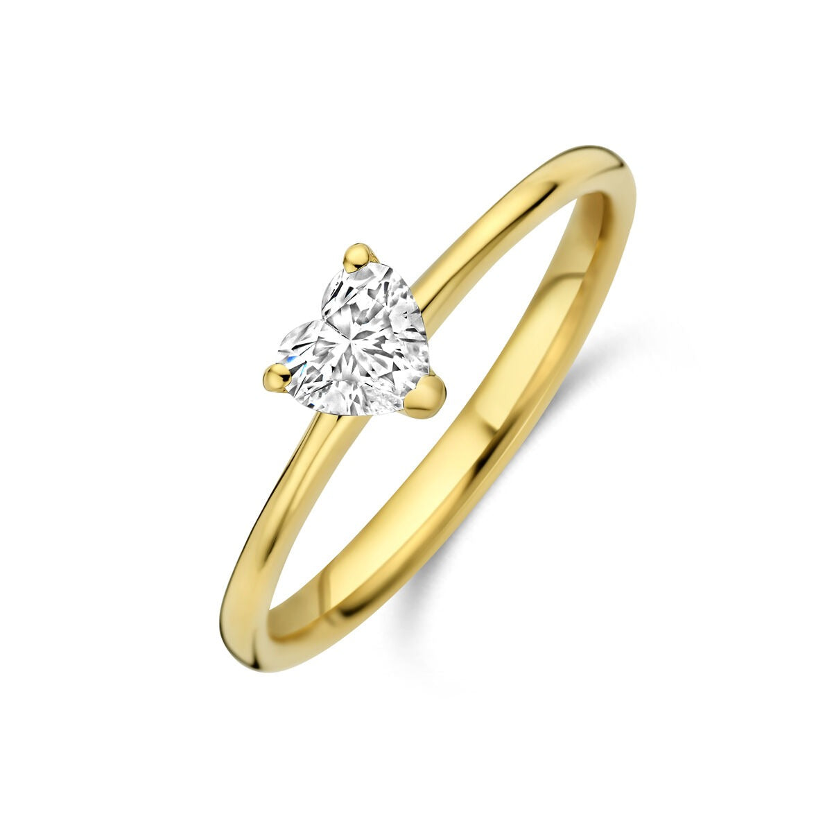 Geelgouden ring met hartvormige lab grown diamant van 0.30ct, eenvoudige en strakke vorm.
