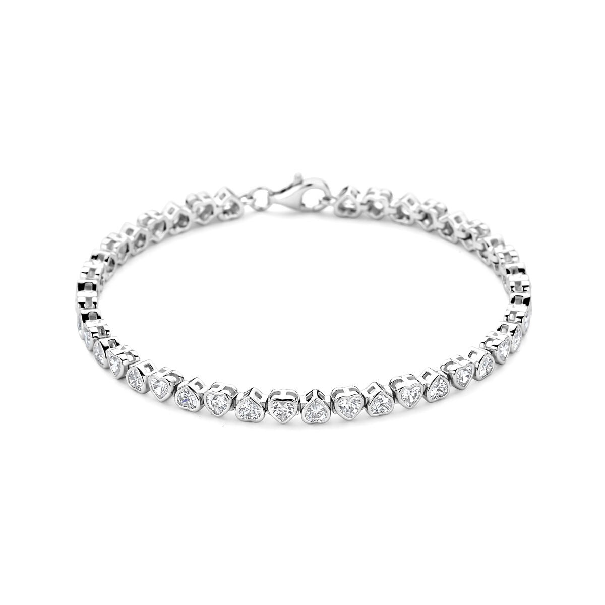 Zilveren tennisarmband met hartjes en zirkonia, gerhodineerd 925 zilver, met een glanzende afwerking.