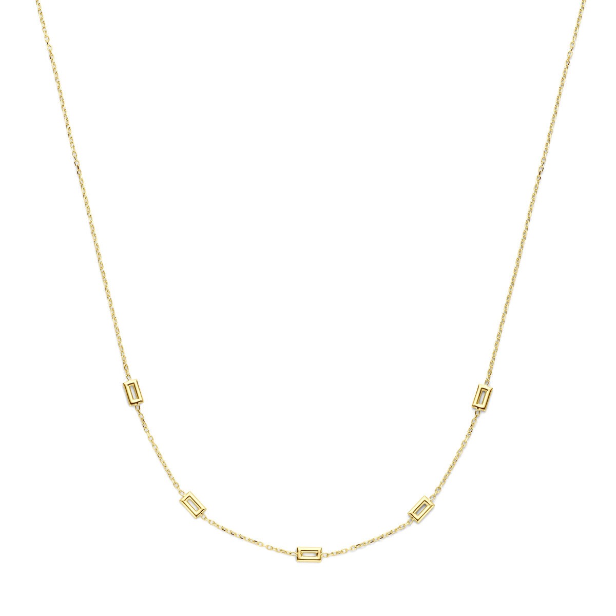 Fijne 14k geelgouden damesketting met schakels en vierkante details, lengte 43 cm.