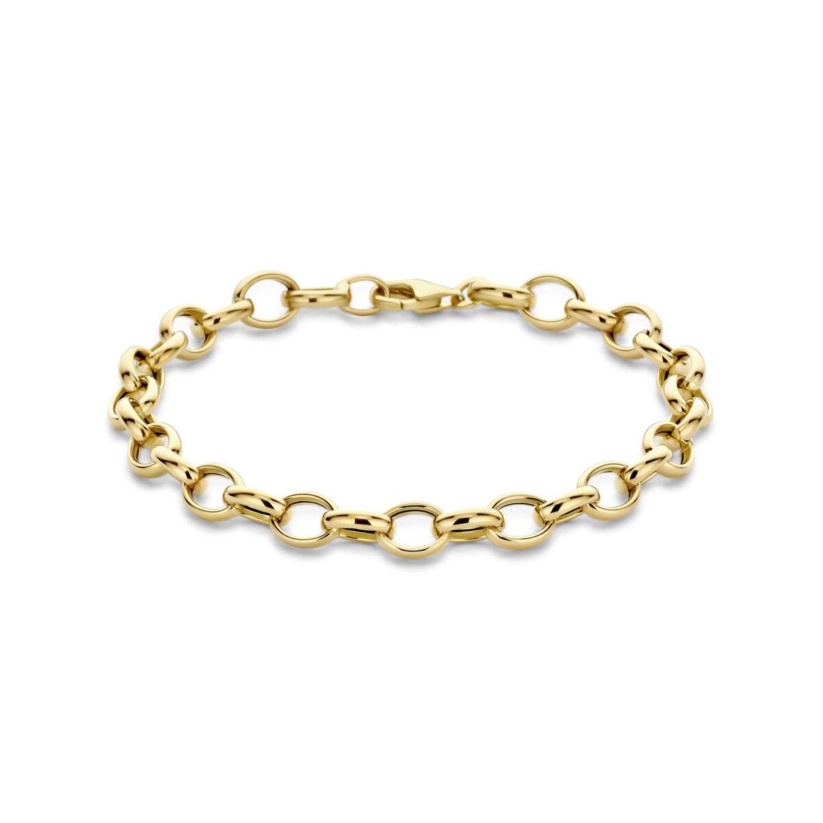 14k geelgouden armband met fantasie schakels en een glanzende afwerking.