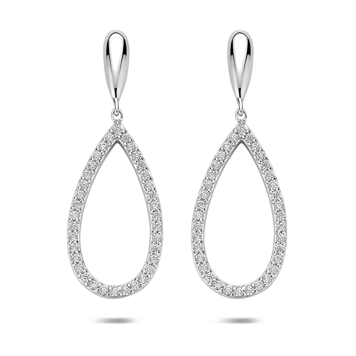 Zilveren oorhangers in druppelvorm van gerhodineerd 925 zilver met zirkonia, 43 mm lang.