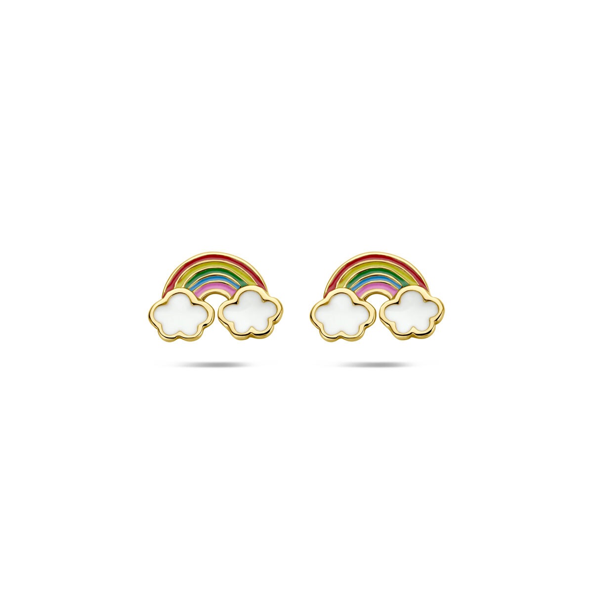 Vergulde 925 zilveren kinder oorknopjes met een kleurrijke regenboog en witte wolken.