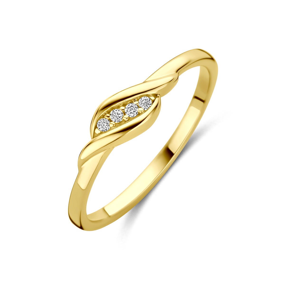 Geelgouden ring met een golvende vorm en vijf zirkonia's in een entourage.
