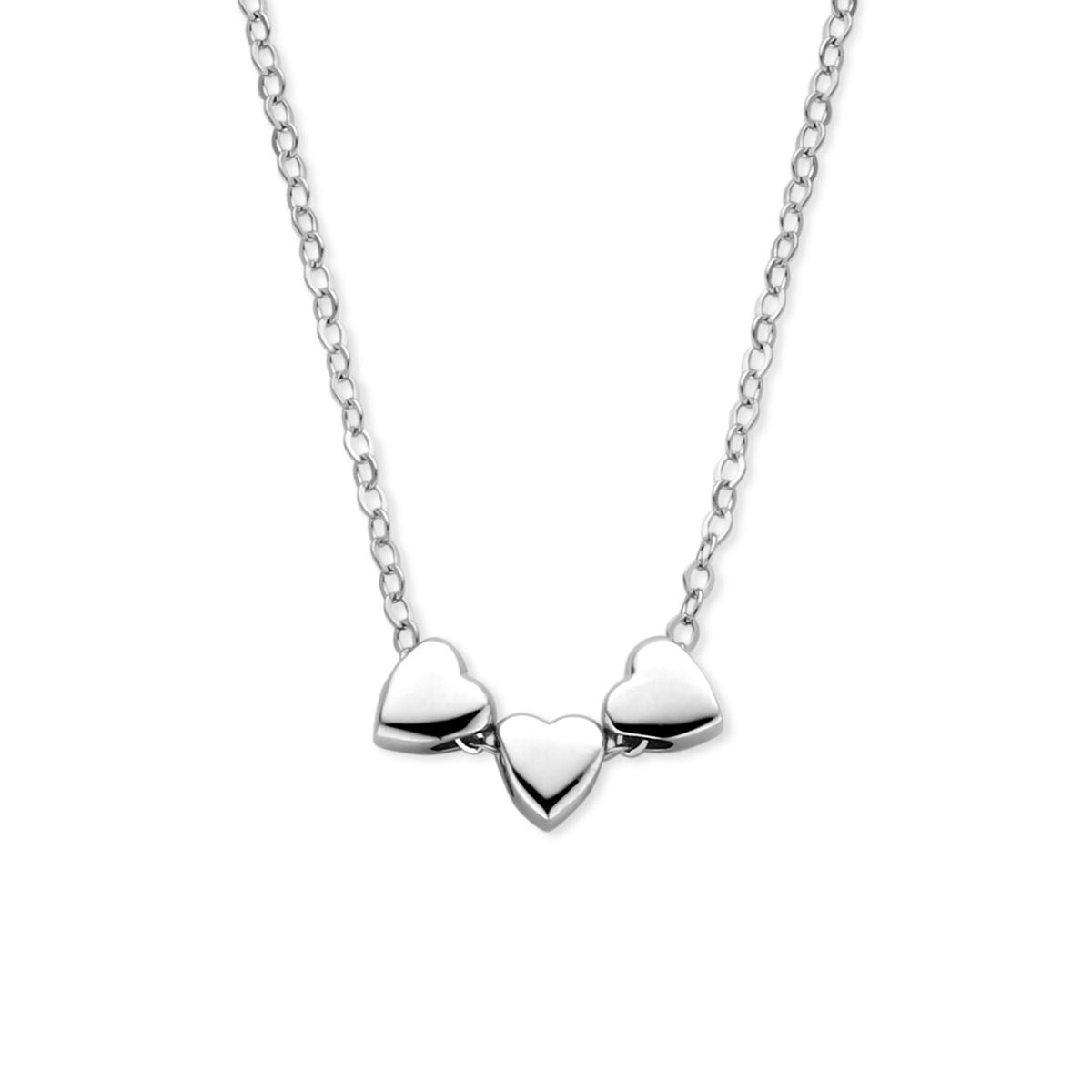 Gerhodineerd 925 zilveren collier met drie glanzende hartjes in een rij.