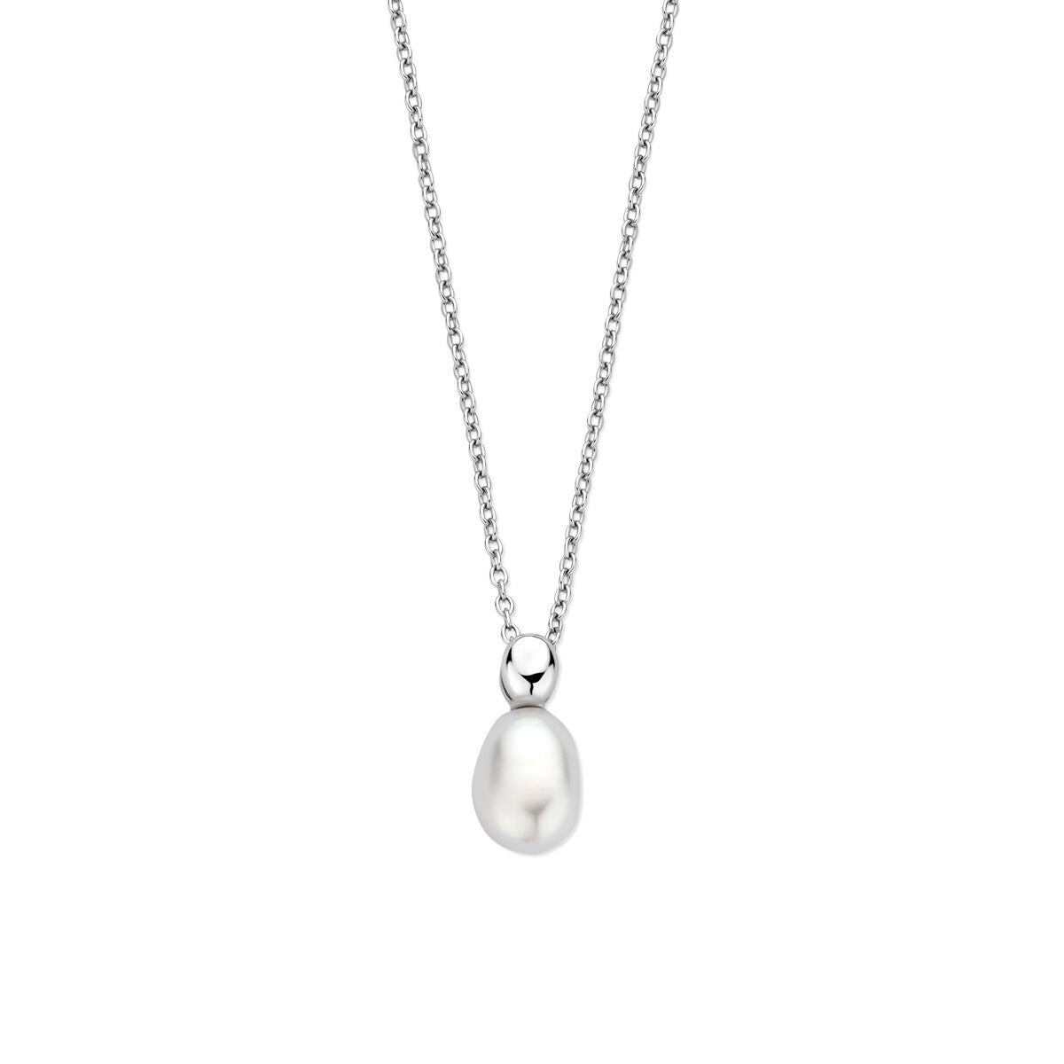 Zilveren collier van gerhodineerd 925 zilver met een enkele zoetwaterparel als hanger.