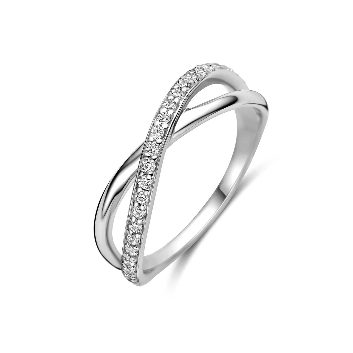 Gerhodineerde 925 zilveren ring met een golvende vorm en zirkonia-steentjes aan de bovenkant.