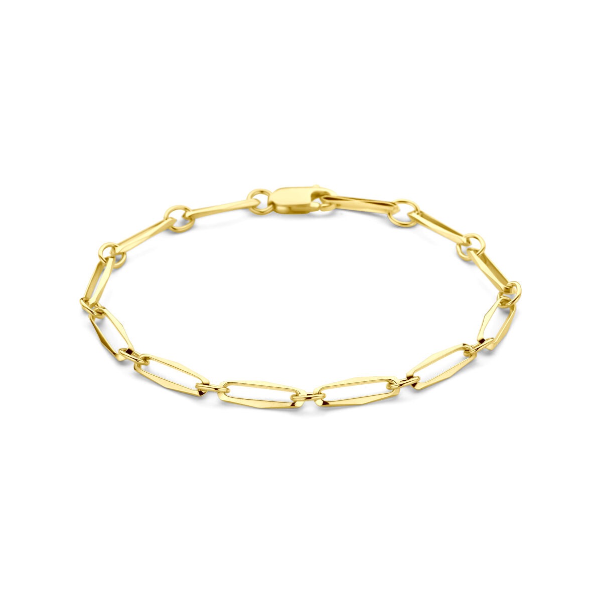 Geelgouden armband van 14k met een gesloten schakelsysteem en een breedte van 4,5 mm.