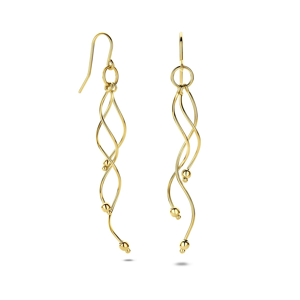 Geelgouden oorhangers met een golvende vorm en kleine bolletjes aan de uiteinden.